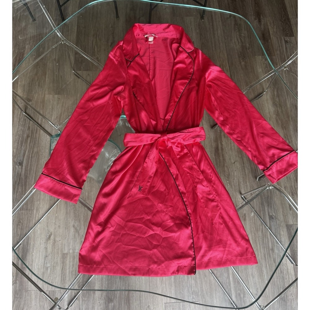 Victoria's Secret Hot Pink Satin Short Kimono Robe Black Piping VS